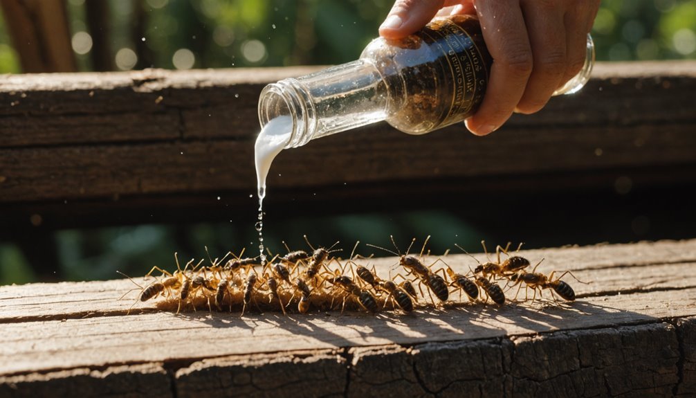 Spray bottle of bleach beside termites on wood